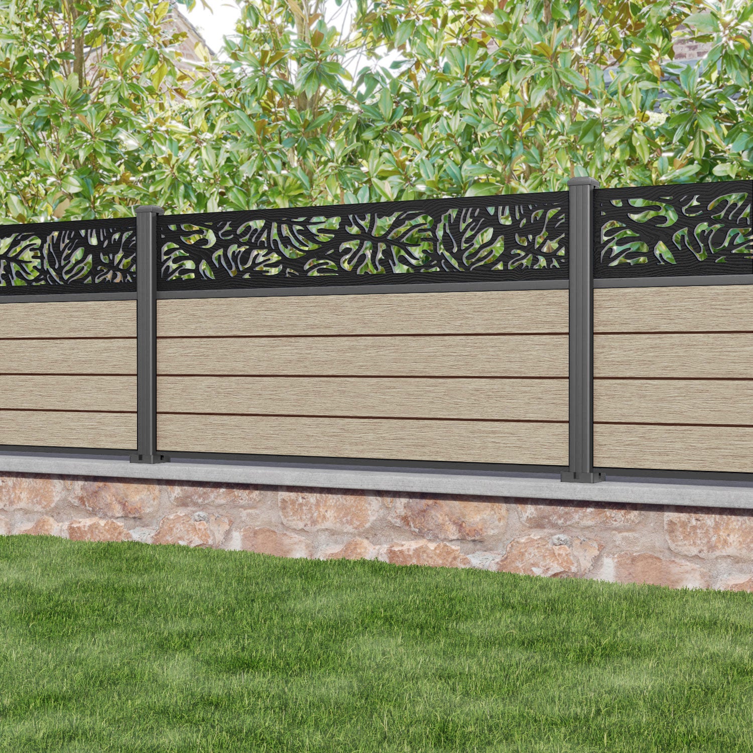 Fusion Botanic Fence Panel - Light Oak - with our aluminium posts