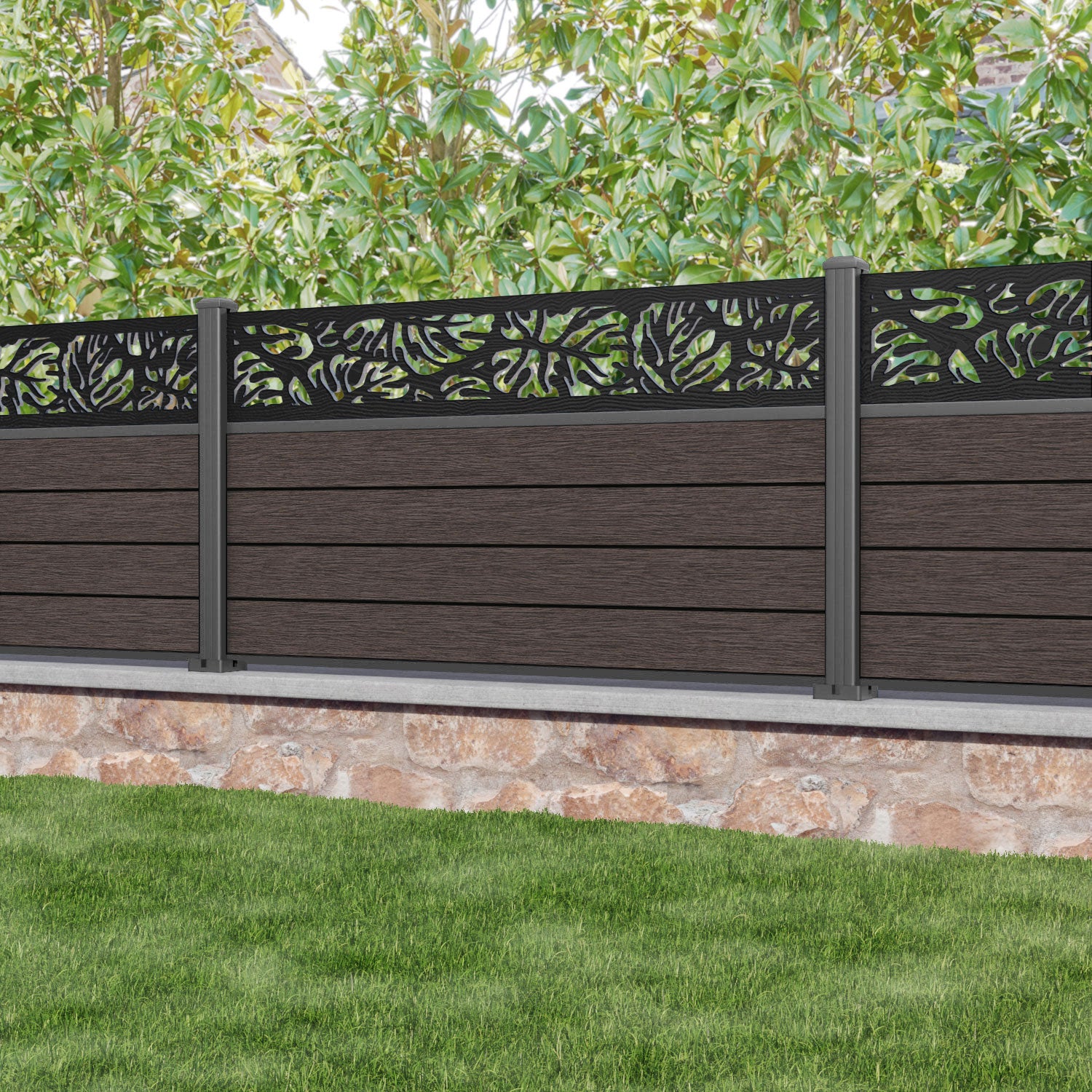 Fusion Botanic Fence Panel - Mid Brown - with our aluminium posts