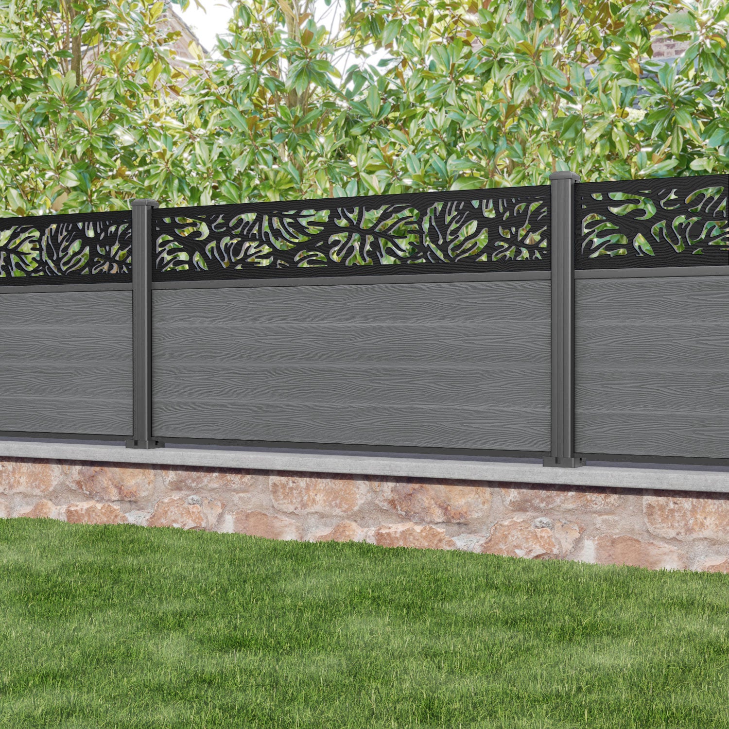 Classic Botanic Fence Panel - Mid Grey - with our aluminium posts