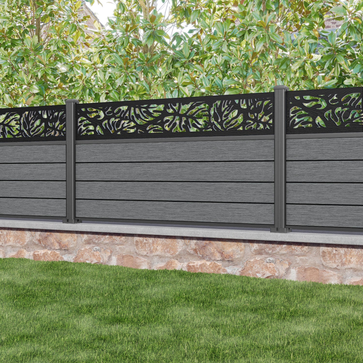Fusion Botanic Fence Panel - Mid Grey - with our aluminium posts