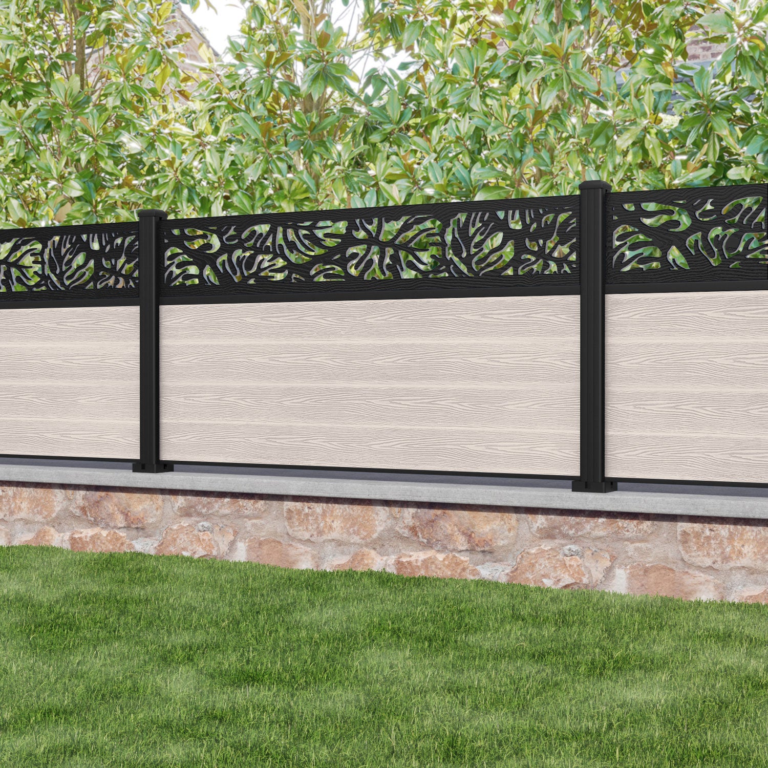 Classic Botanic Fence Panel - Mid Stone - with our aluminium posts
