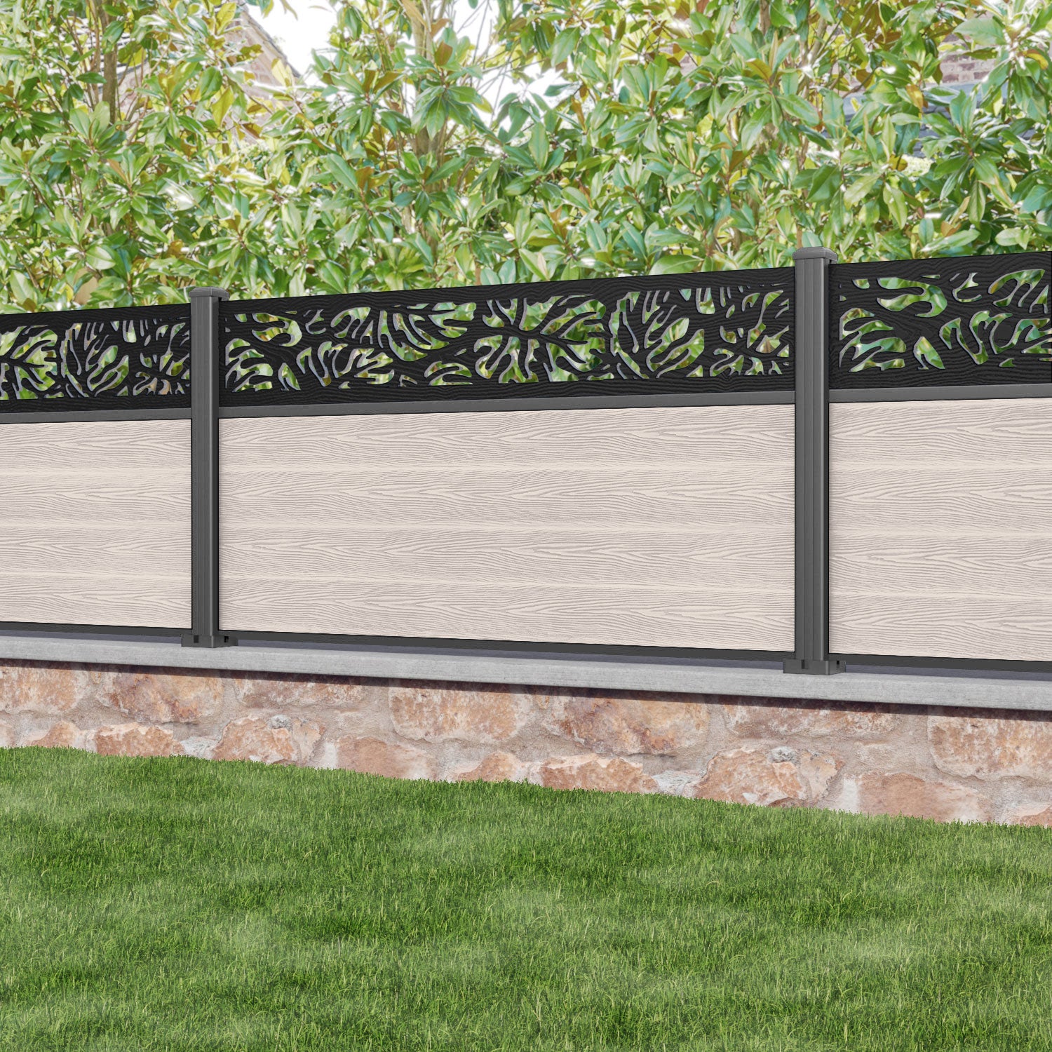 Classic Botanic Fence Panel - Mid Stone - with our aluminium posts