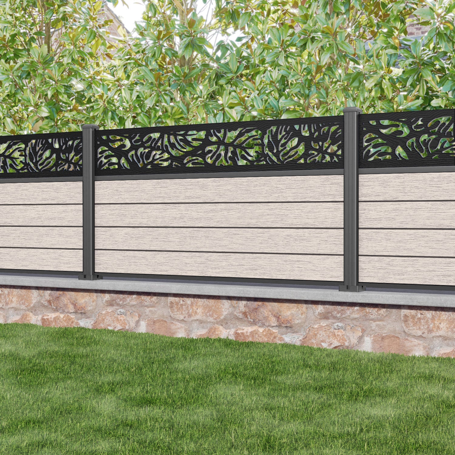 Fusion Botanic Fence Panel - Mid Stone - with our aluminium posts