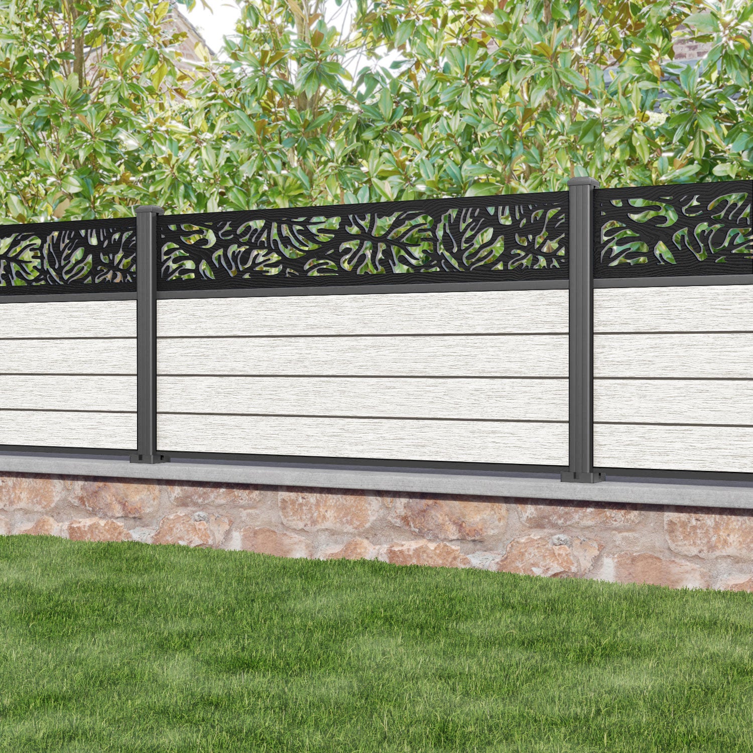 Fusion Botanic Fence Panel - Light Stone - with our aluminium posts
