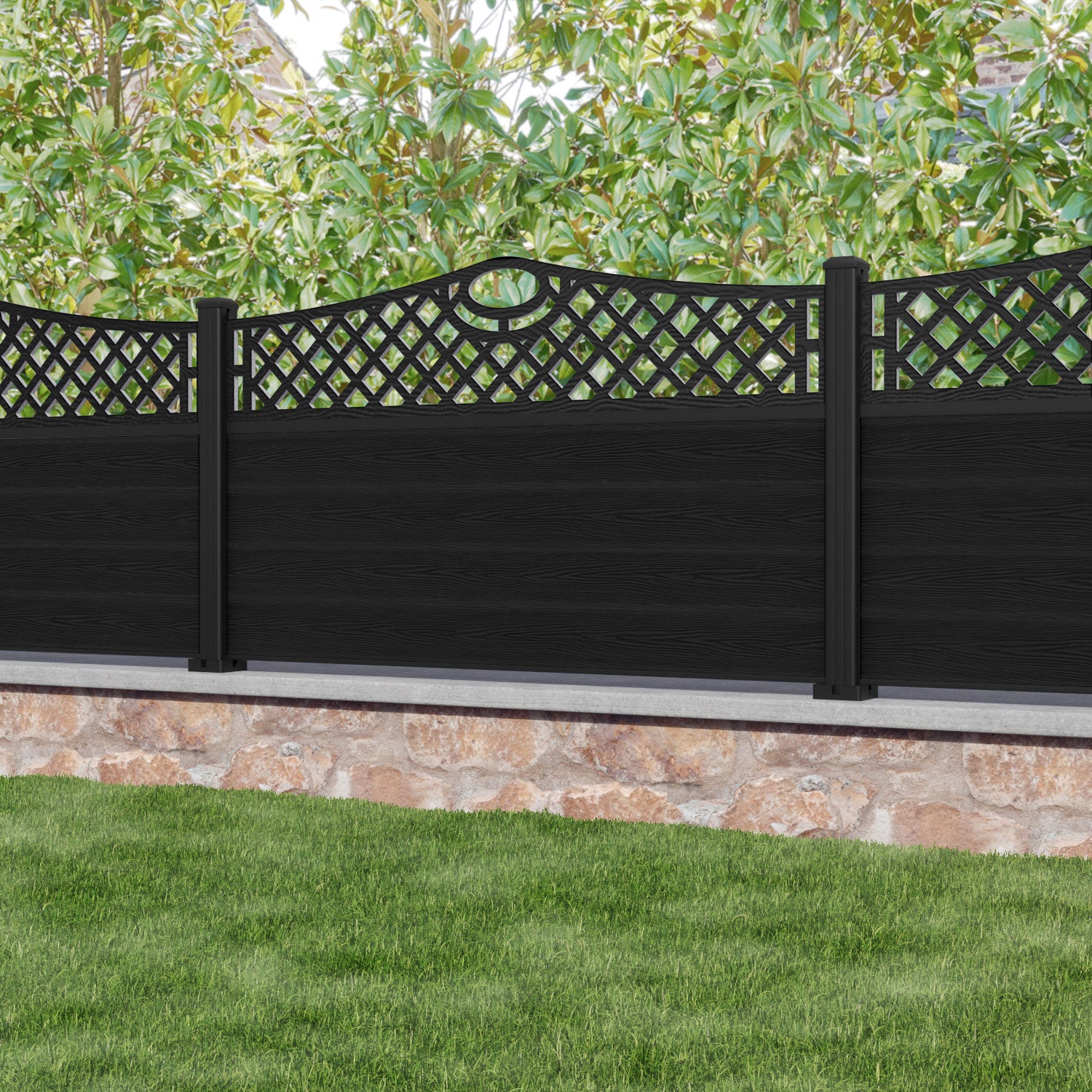 Classic Oxford Curved Top Fence Panel - Black - with our aluminium posts