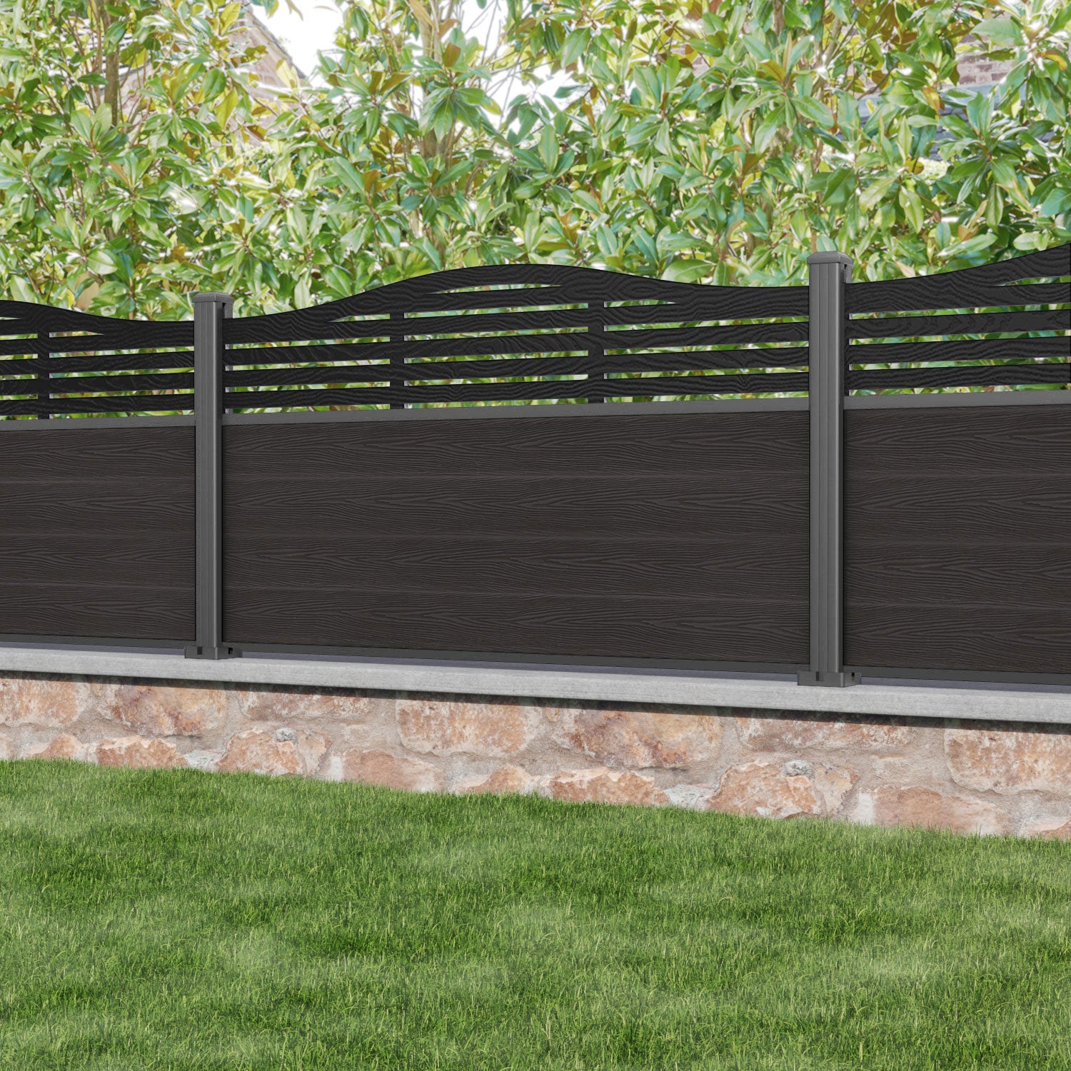 Classic Aspen Curved Top Fence Panel - Dark Oak - with our aluminium posts