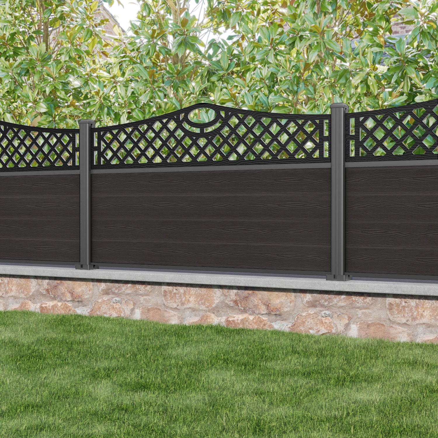 Classic Oxford Curved Top Fence Panel - Dark Oak - with our aluminium posts