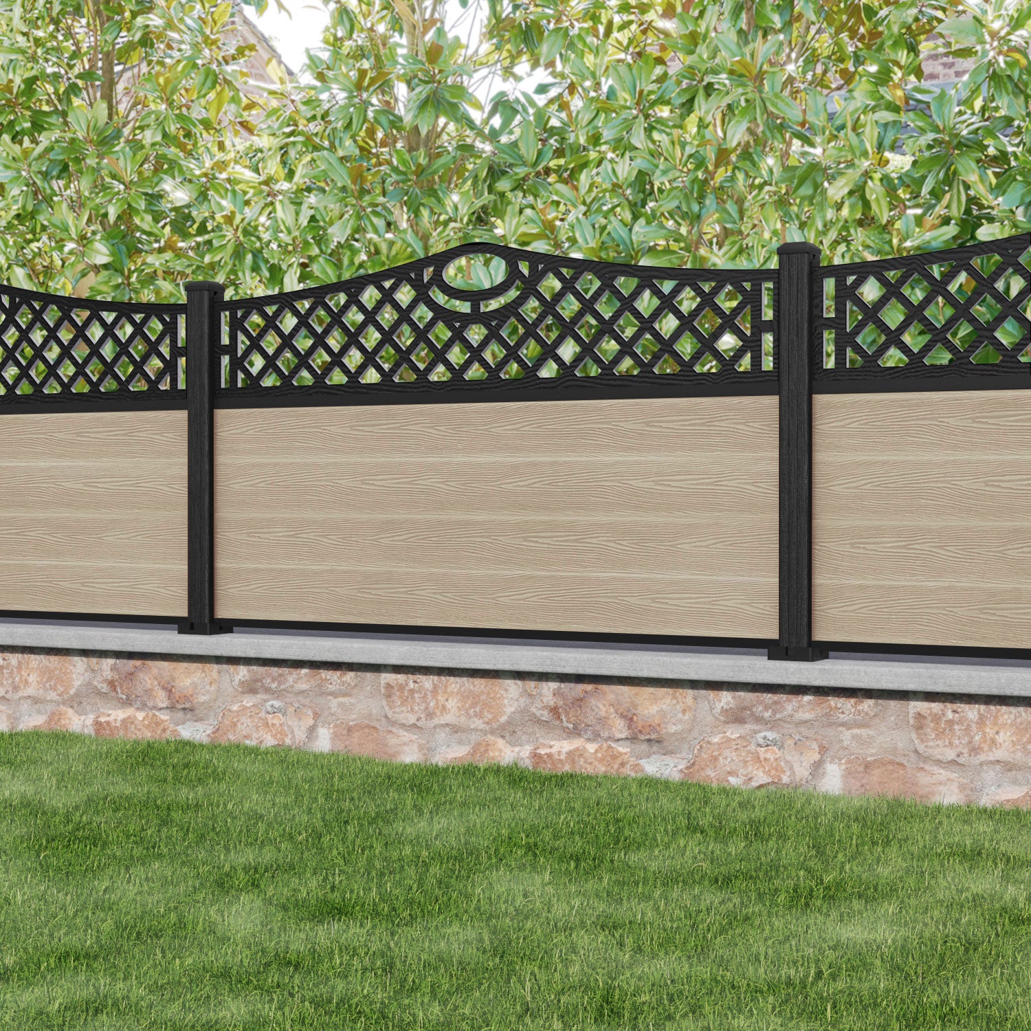 Classic Oxford Curved Top Fence Panel - Light Oak - with our composite posts