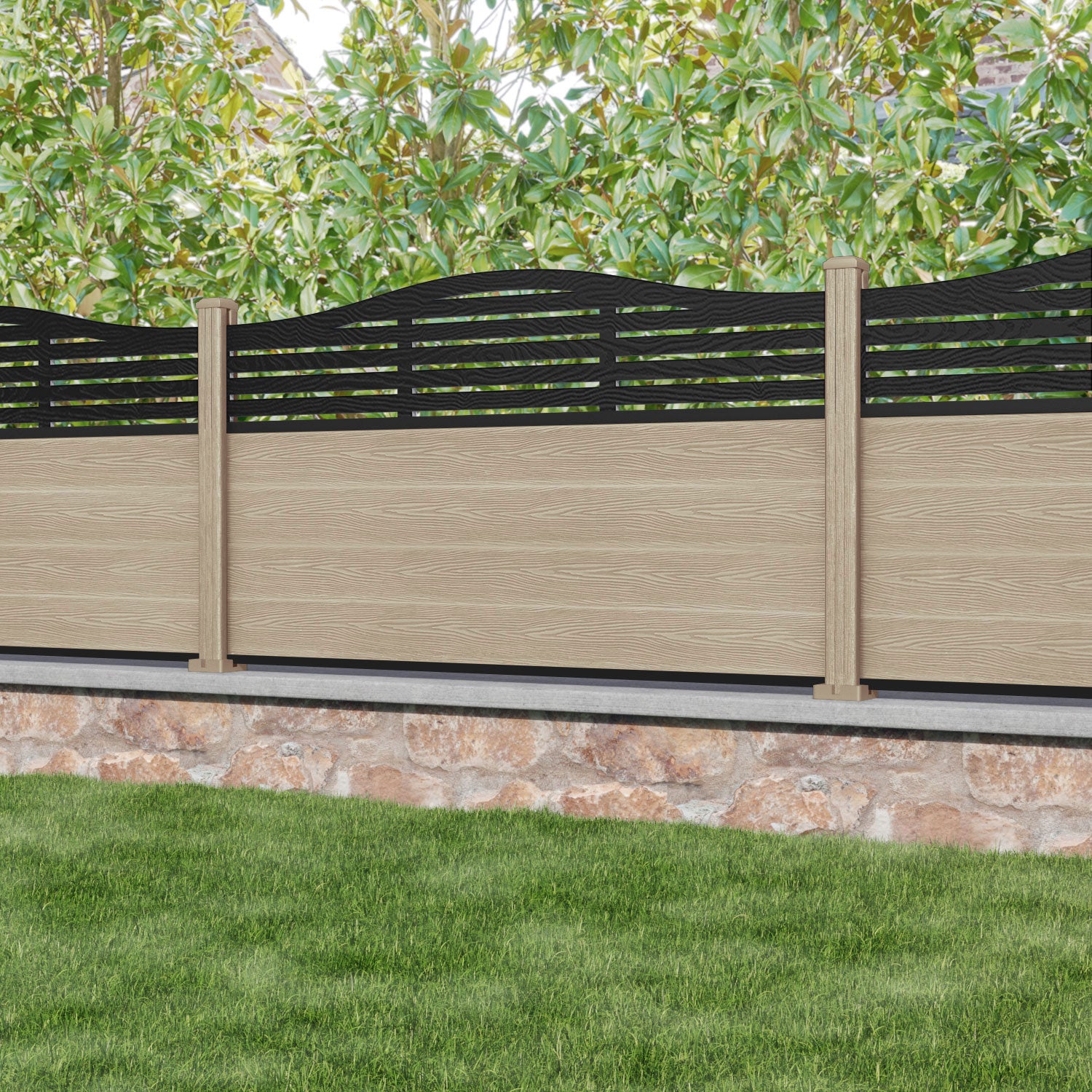 Classic Aspen Curved Top Fence Panel - Light Oak - with our composite posts
