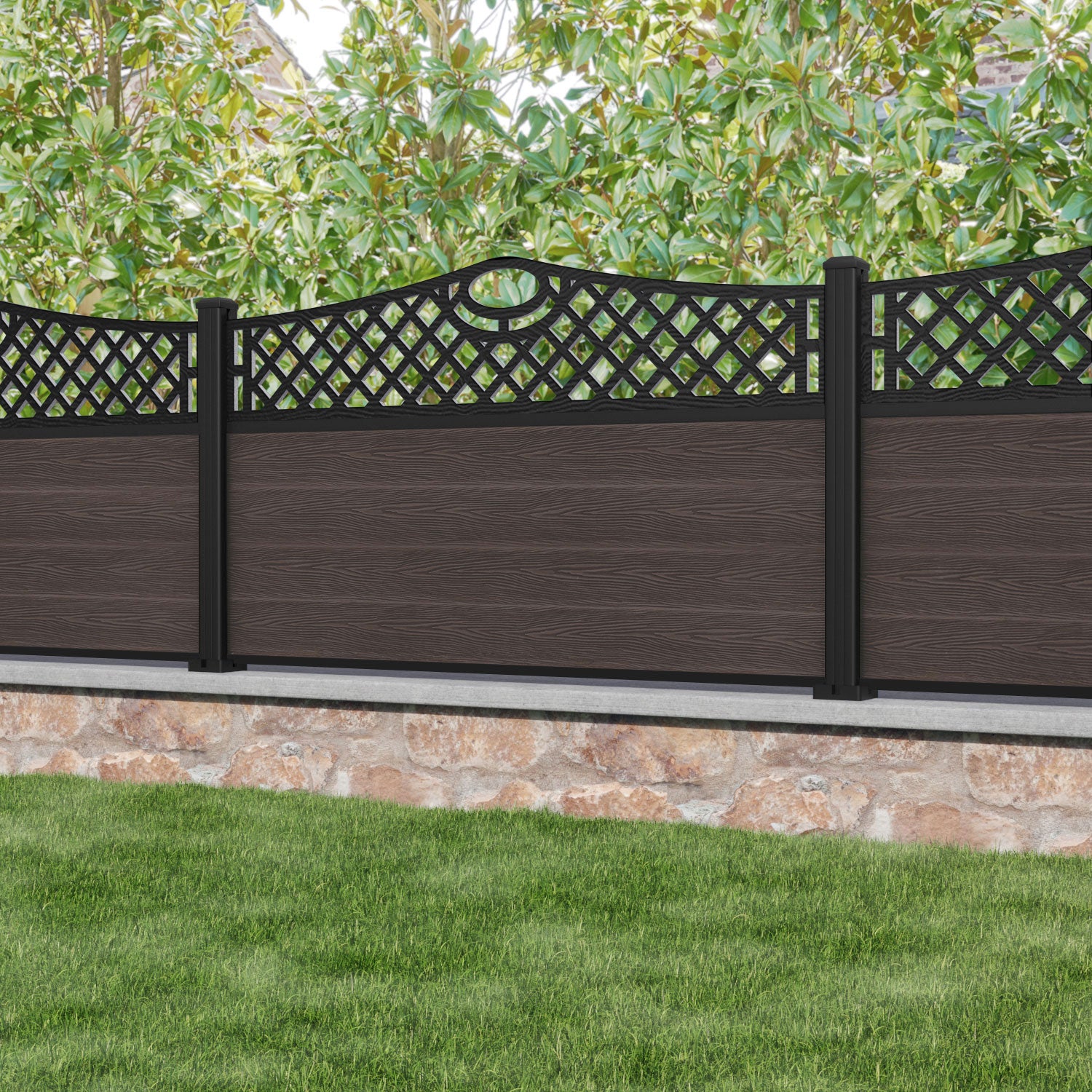Classic Oxford Curved Top Fence Panel - Mid Brown - with our aluminium posts