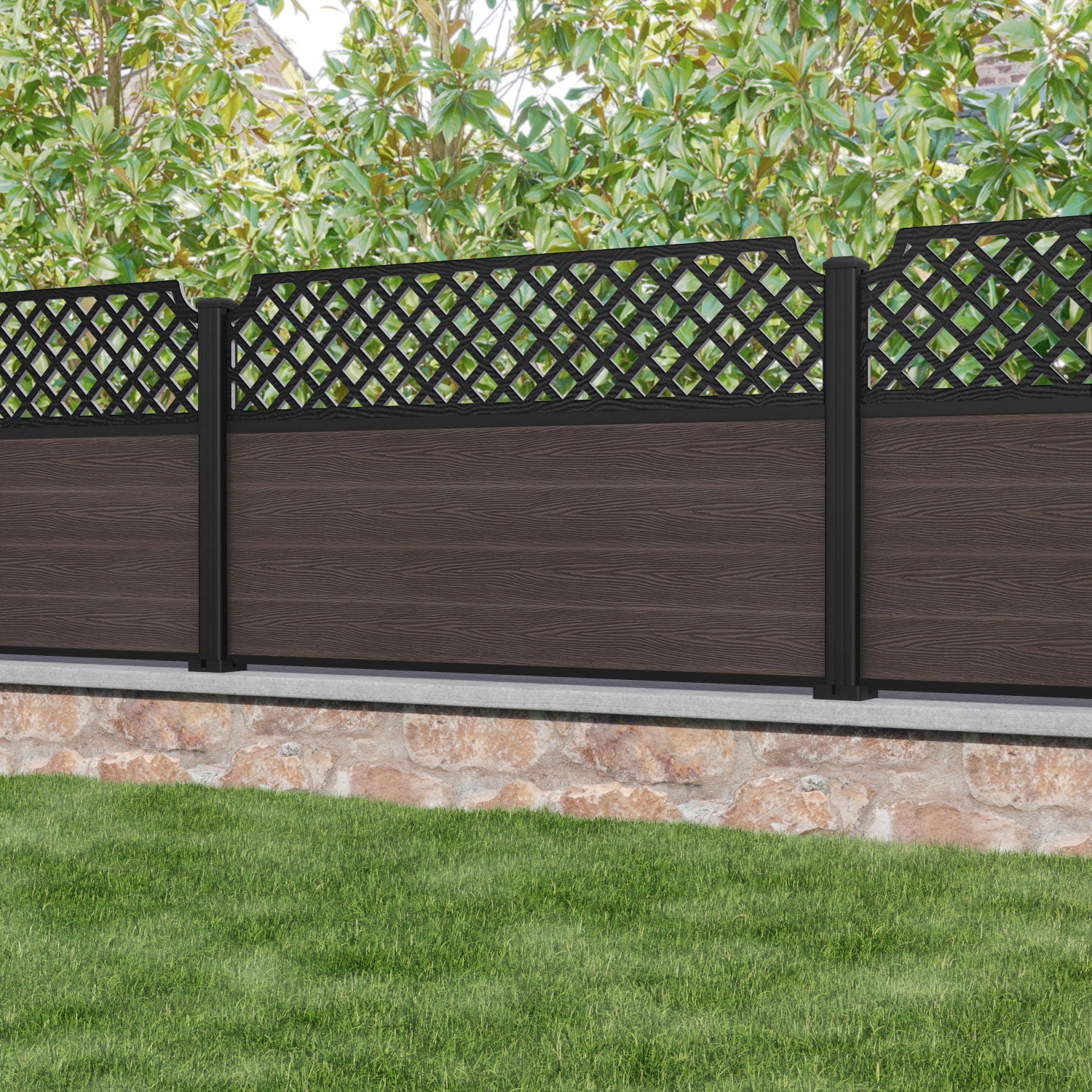 Classic Regal Hive Fence Panel - Mid Brown - with our aluminium posts