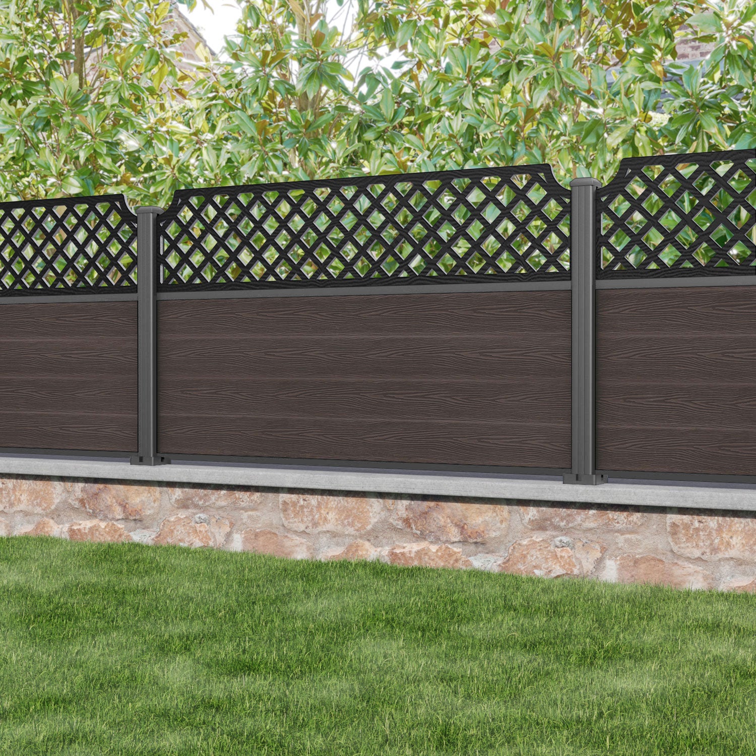 Classic Regal Hive Fence Panel - Mid Brown - with our aluminium posts