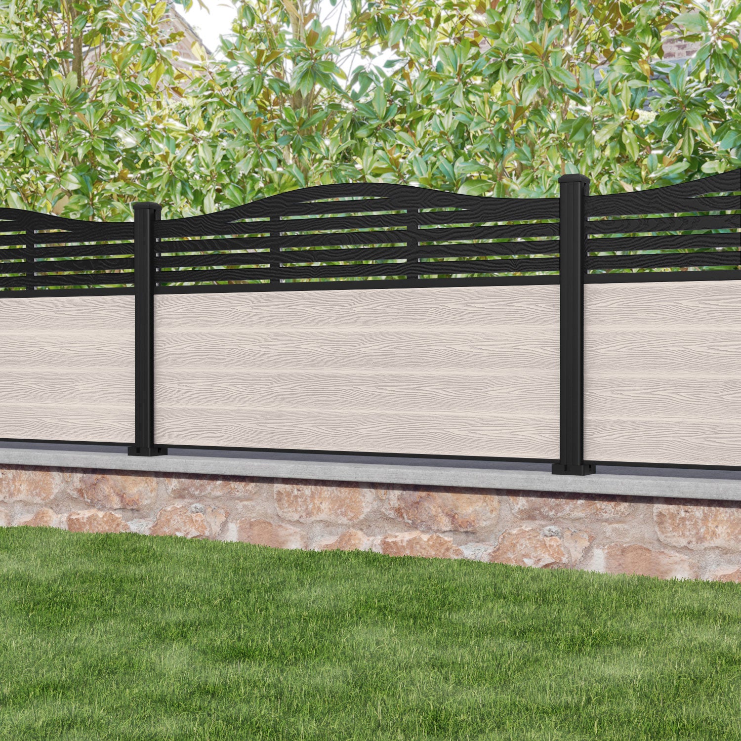 Classic Aspen Curved Top Fence Panel - Mid Stone - with our aluminium posts