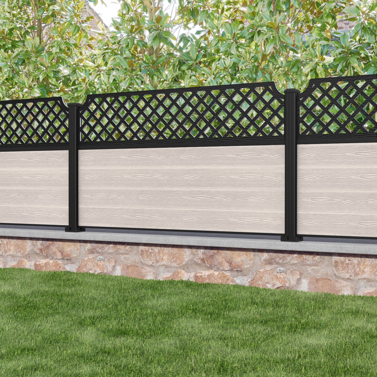 Classic Regal Hive Fence Panel - Mid Stone - with our aluminium posts