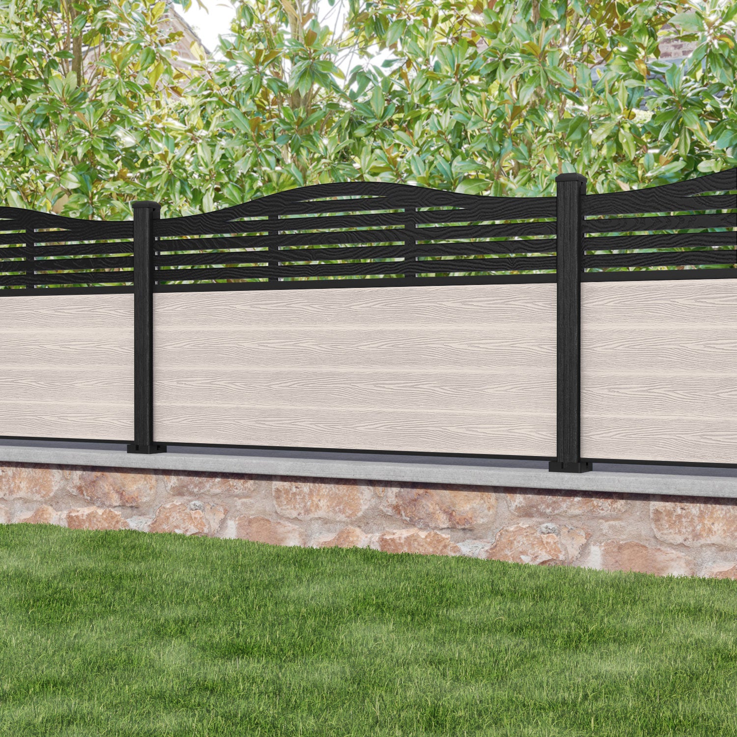 Classic Aspen Curved Top Fence Panel - Mid Stone - with our composite posts