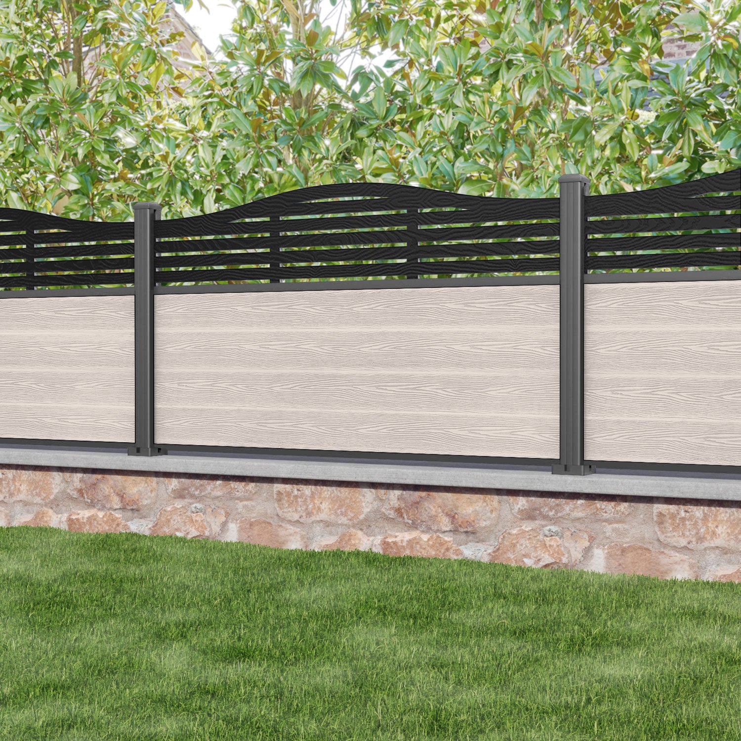 Classic Aspen Curved Top Fence Panel - Mid Stone - with our aluminium posts