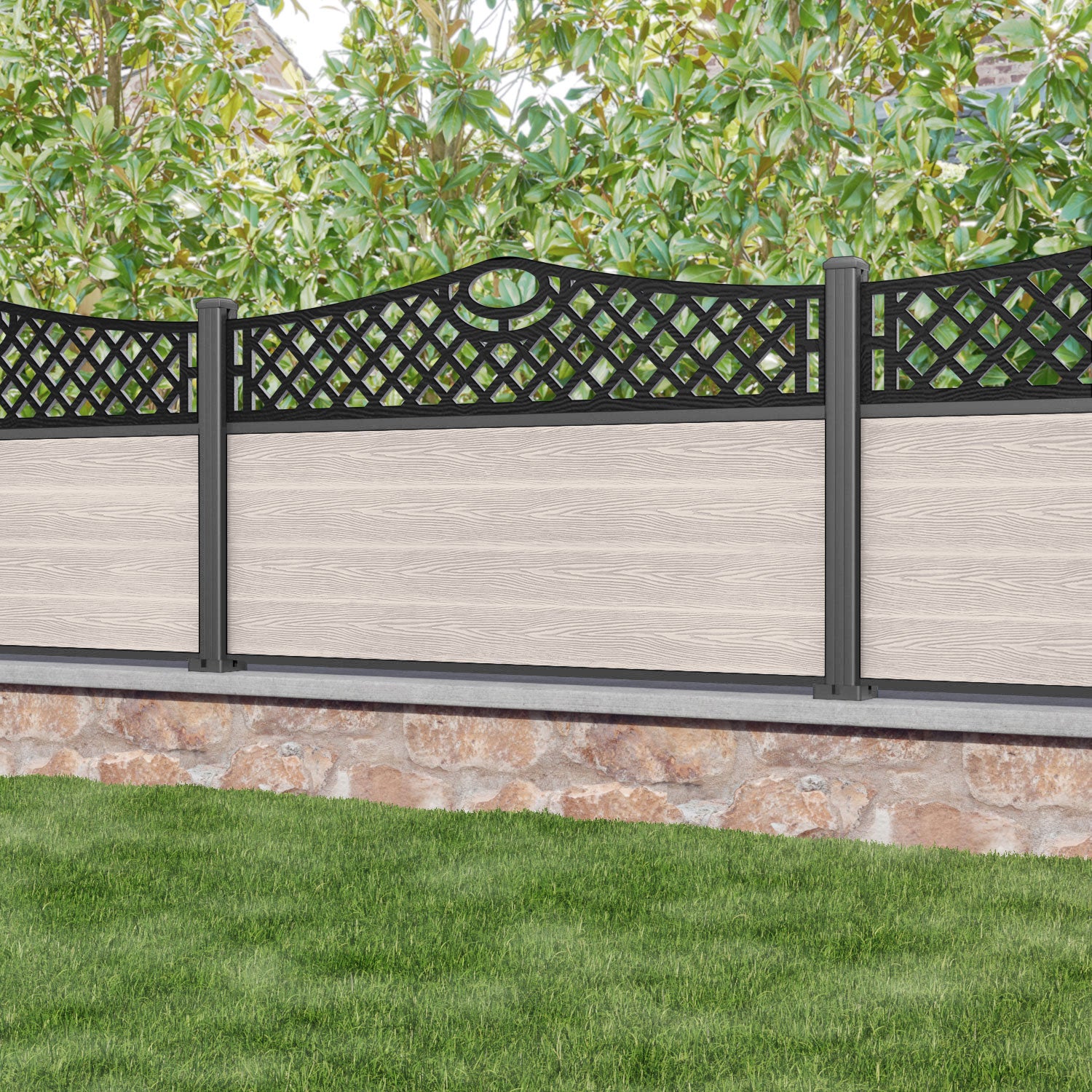 Classic Oxford Curved Top Fence Panel - Mid Stone - with our aluminium posts