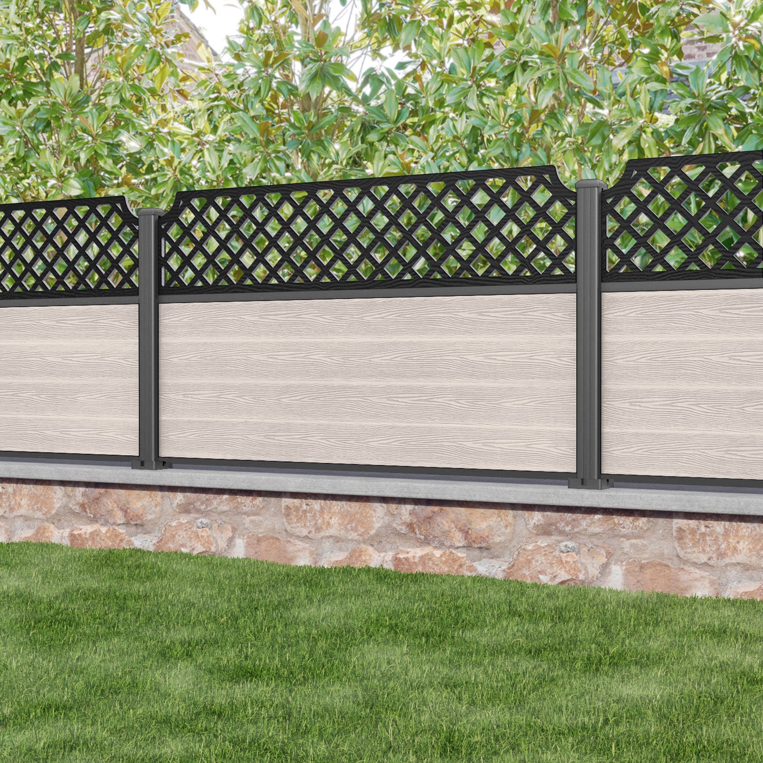 Classic Regal Hive Fence Panel - Mid Stone - with our aluminium posts
