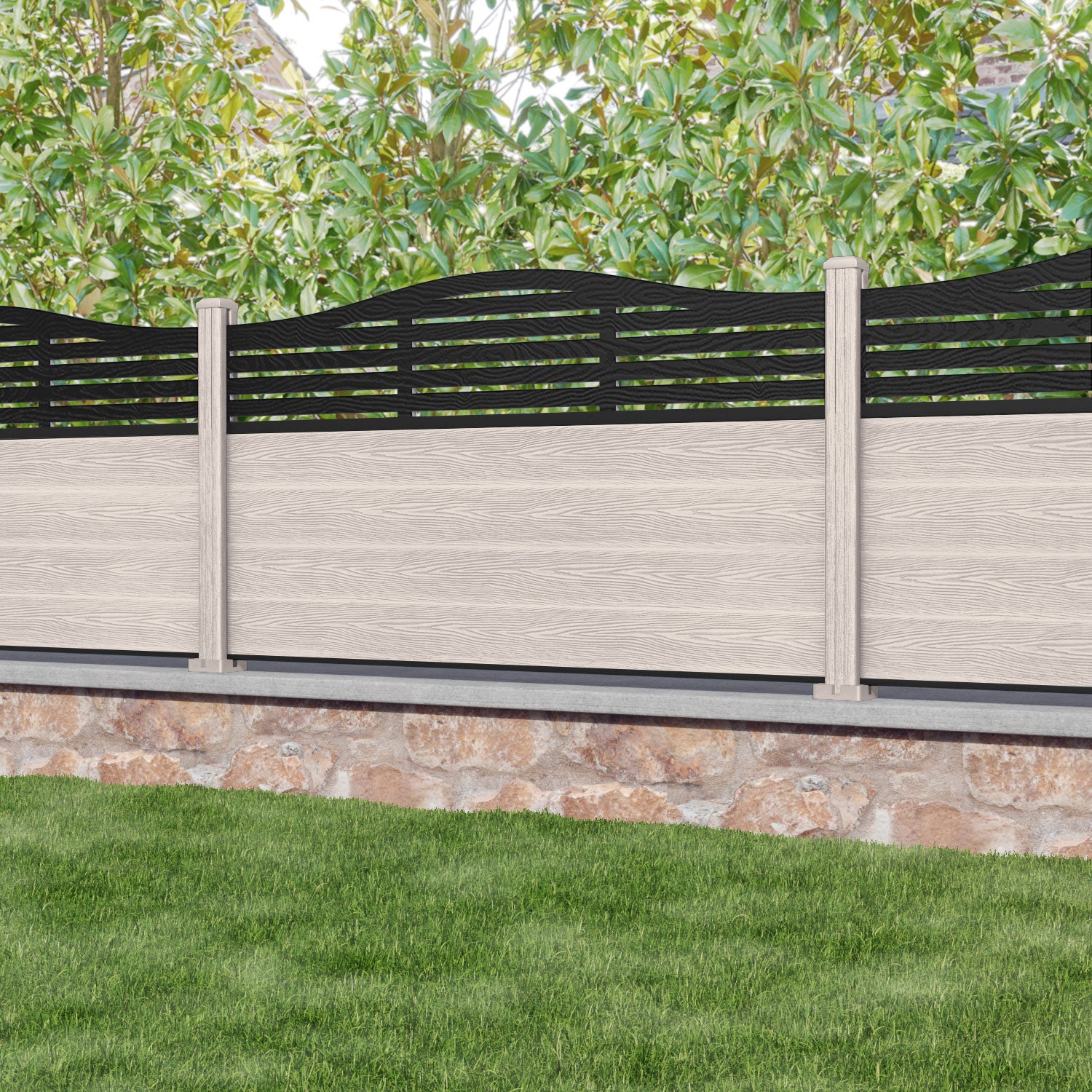 Classic Aspen Curved Top Fence Panel - Mid Stone - with our composite posts