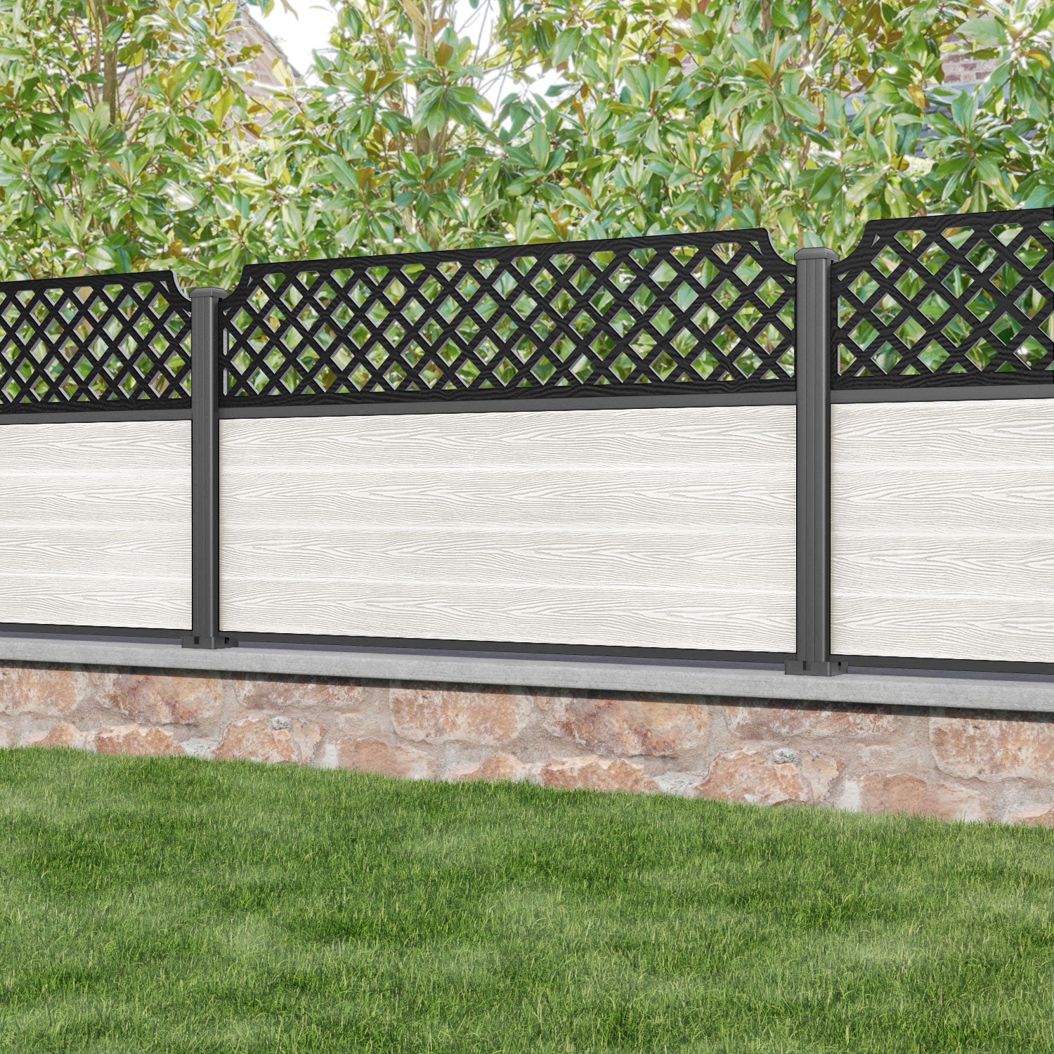 Classic Regal Hive Fence Panel - Light Stone - with our aluminium posts
