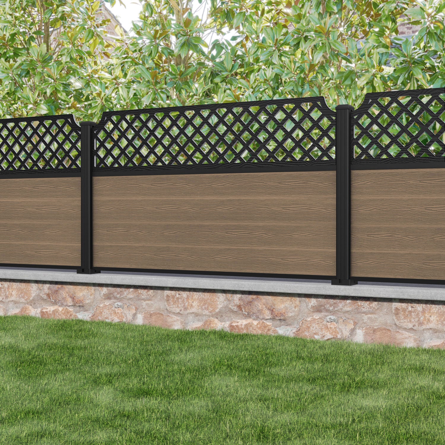 Classic Regal Hive Fence Panel - Teak - with our aluminium posts
