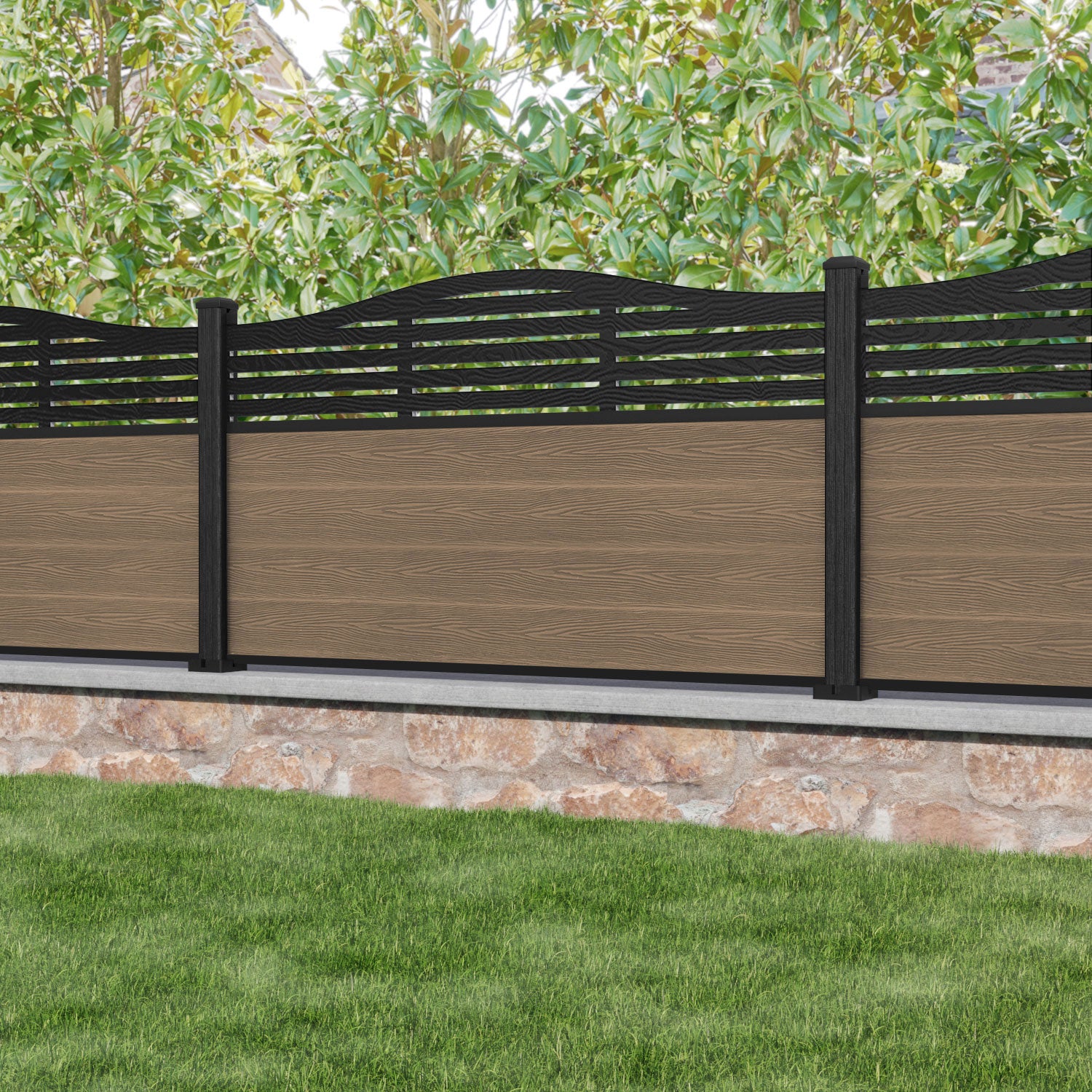 Classic Aspen Curved Top Fence Panel - Teak - with our composite posts