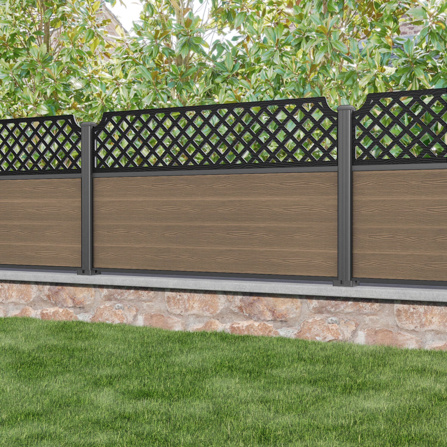 Classic Regal Hive Fence Panel - Teak - with our aluminium posts