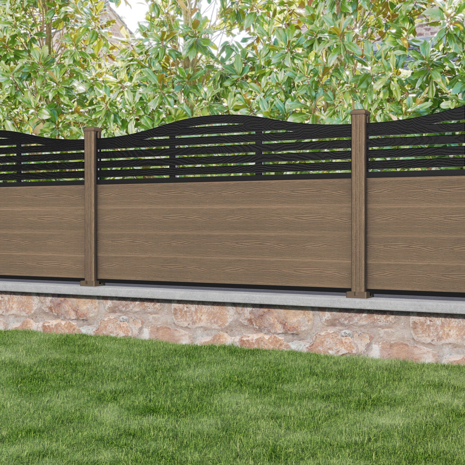 Classic Aspen Curved Top Fence Panel - Teak - with our composite posts