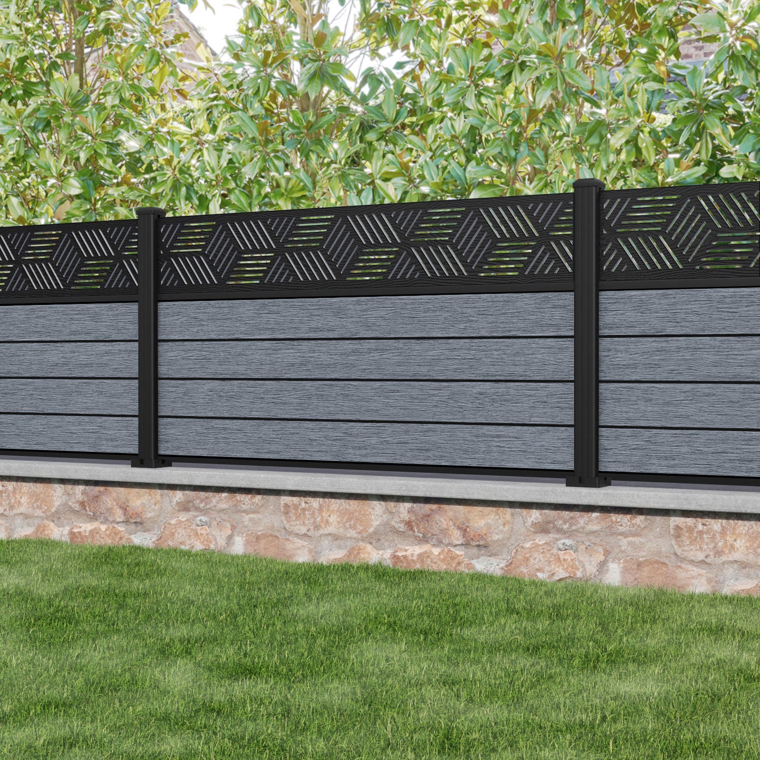 Fusion Cubed Fence Panel - Anthracite - with our aluminium posts