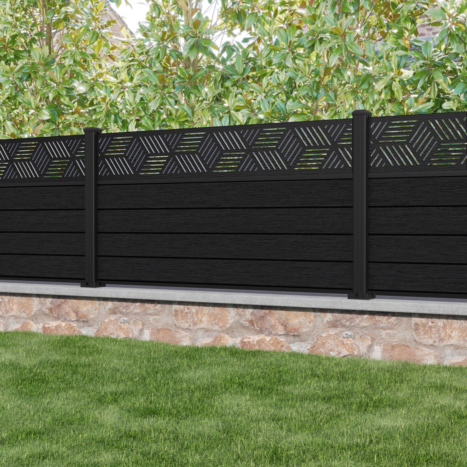 Fusion Cubed Fence Panel - Black - with our aluminium posts