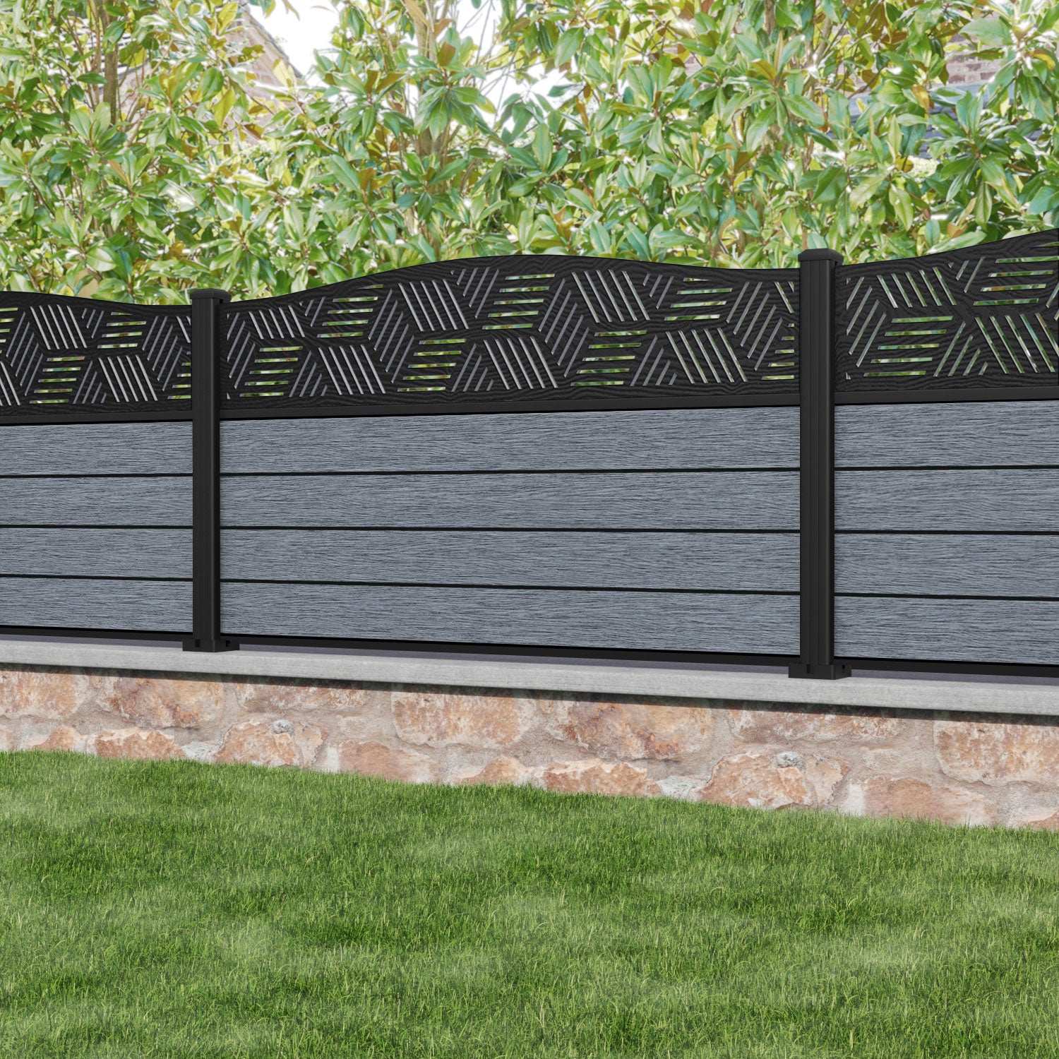 Fusion Cubed Curved Top Fence Panel - Anthracite - with our aluminium posts