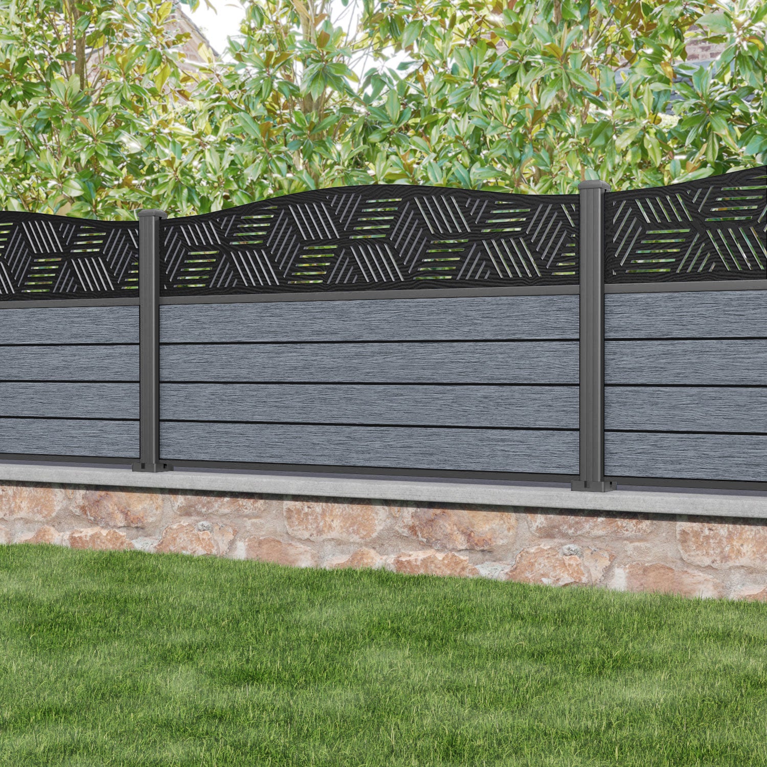 Fusion Cubed Curved Top Fence Panel - Anthracite - with our aluminium posts