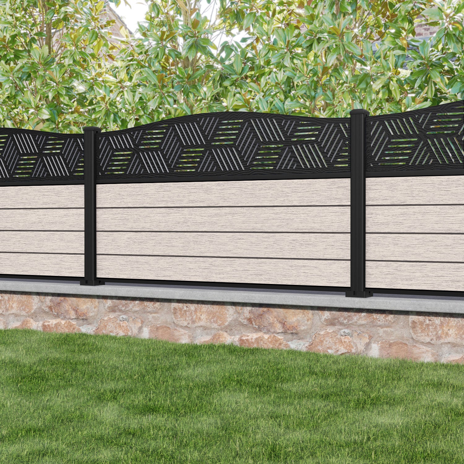 Fusion Cubed Curved Top Fence Panel - Mid Stone - with our aluminium posts
