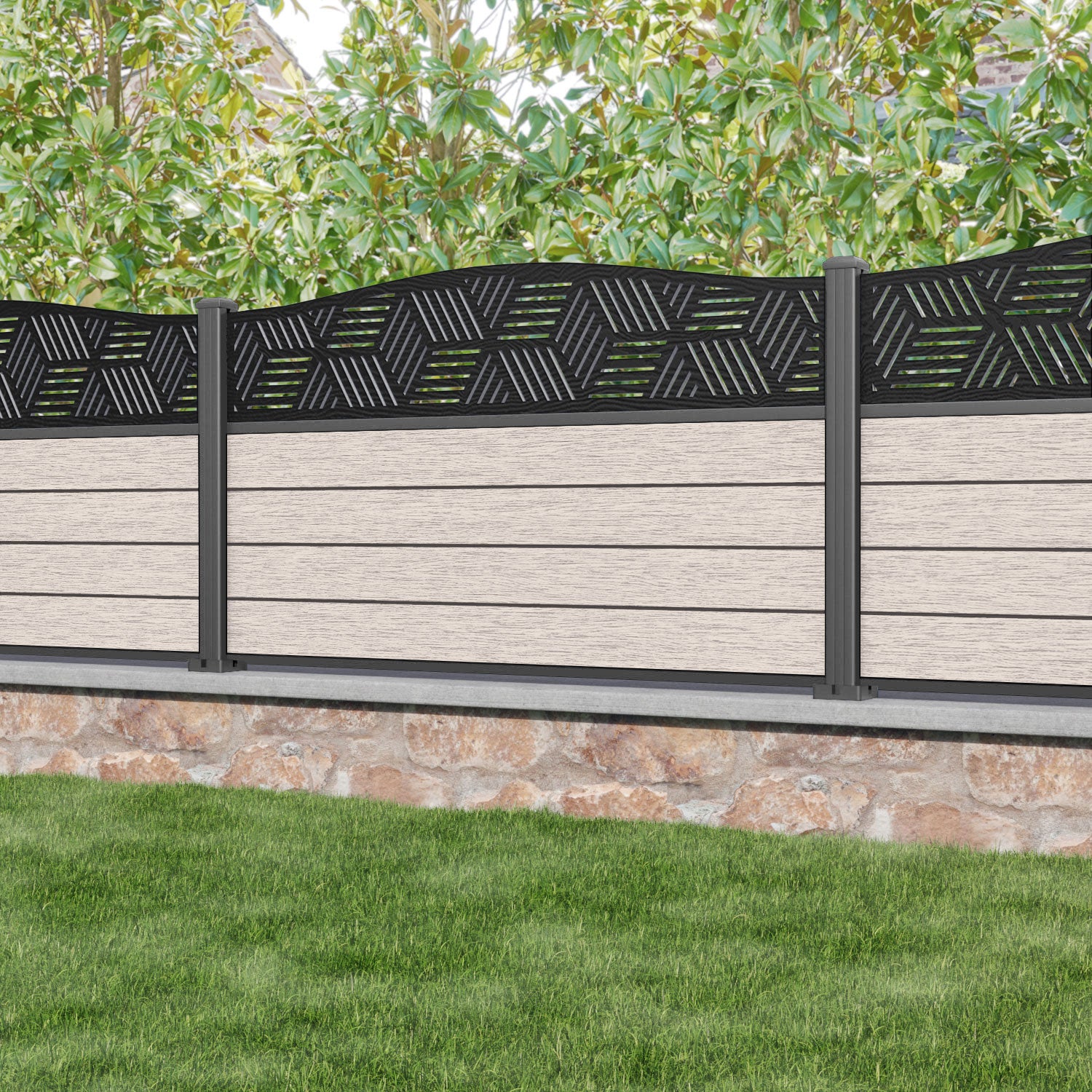 Fusion Cubed Curved Top Fence Panel - Mid Stone - with our aluminium posts