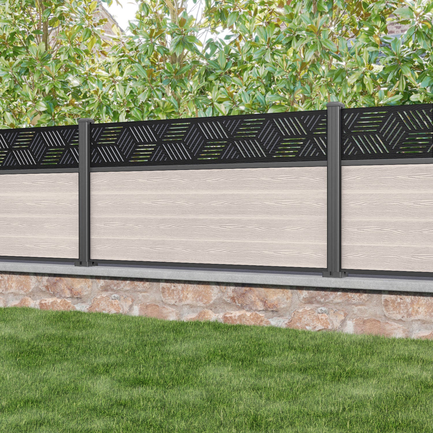Classic Cubed Fence Panel - Mid Stone - with our aluminium posts