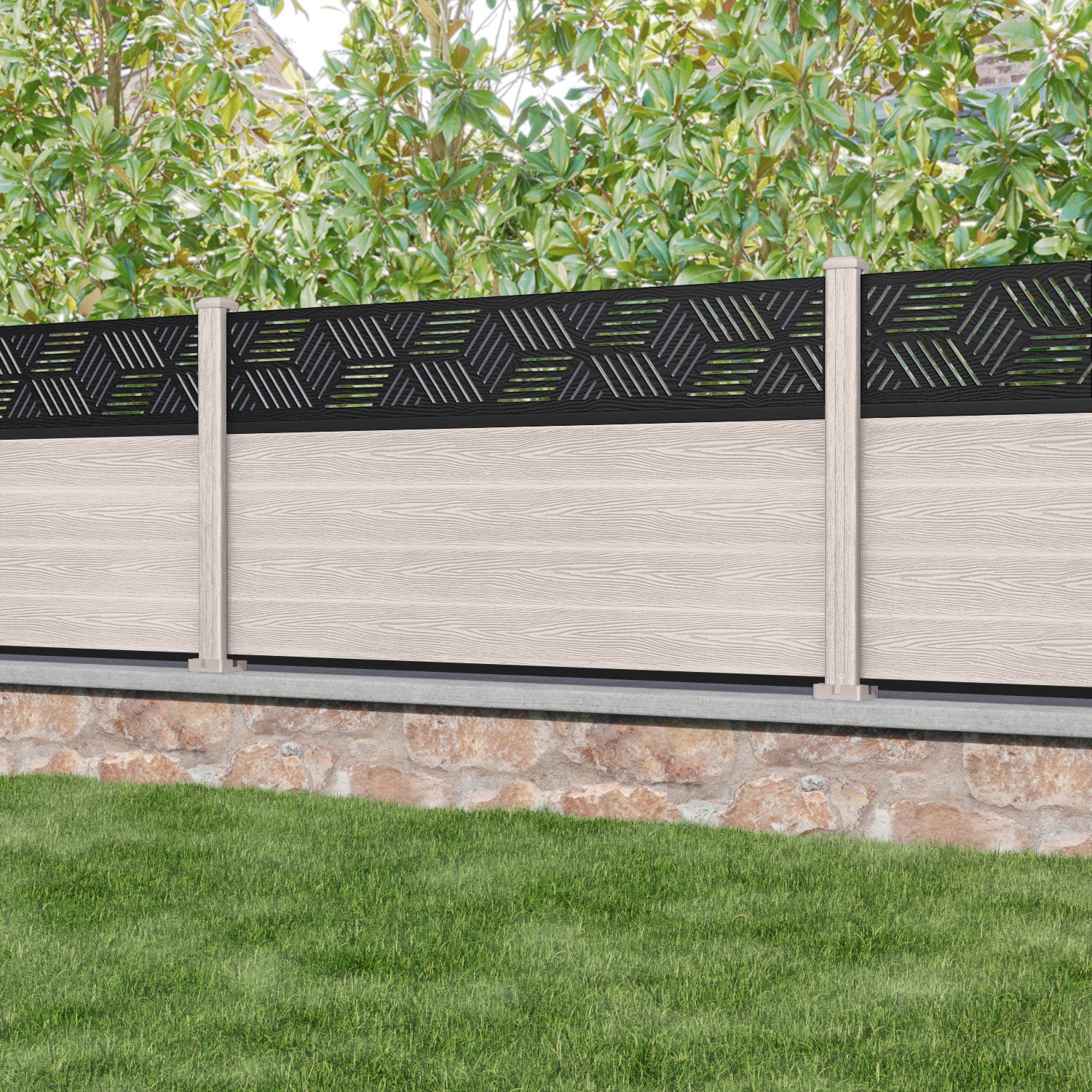 Classic Cubed Fence Panel - Mid Stone - with our composite posts