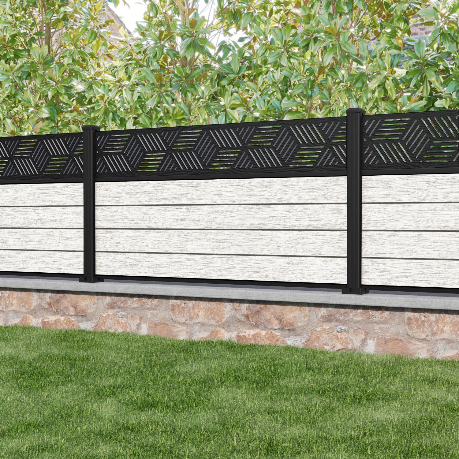 Fusion Cubed Fence Panel - Light Stone - with our aluminium posts