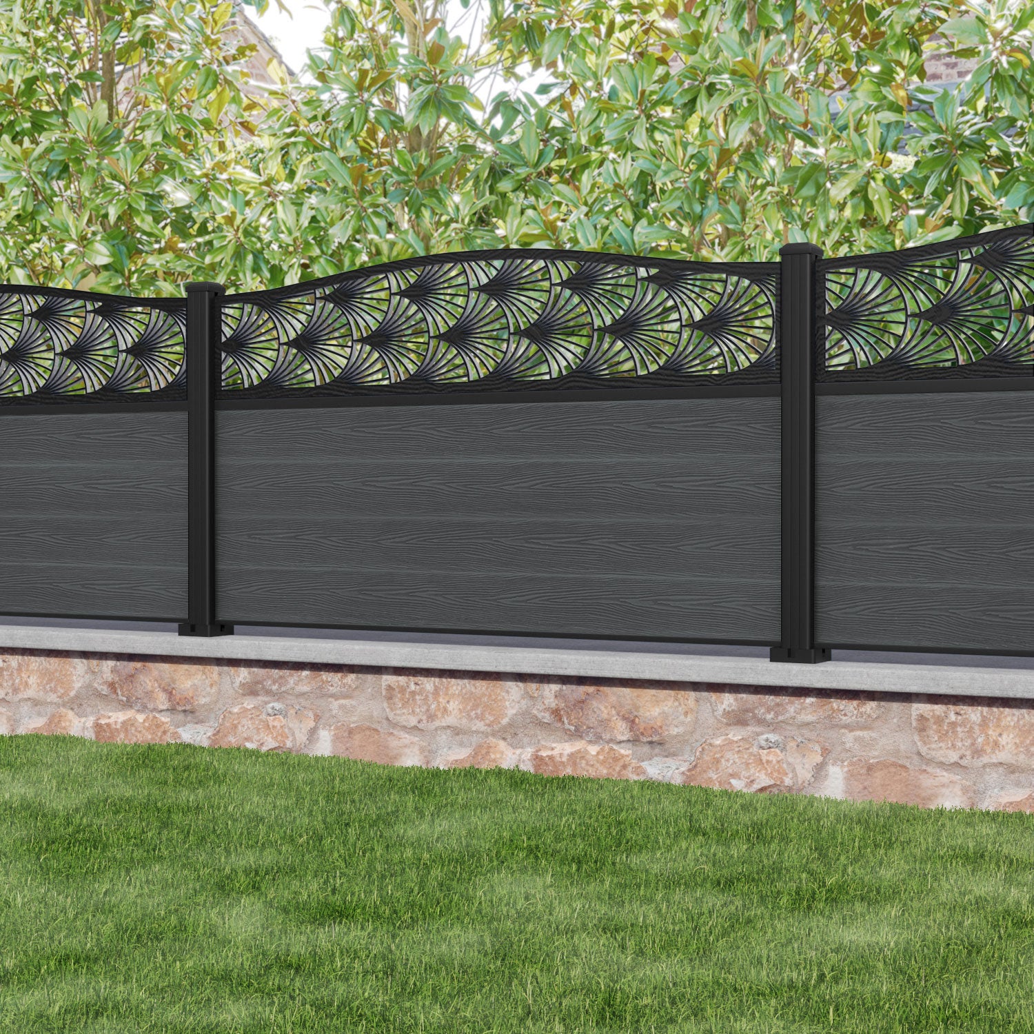 Classic Laurel Curved Top Fence Panel - Dark Grey - with our aluminium posts