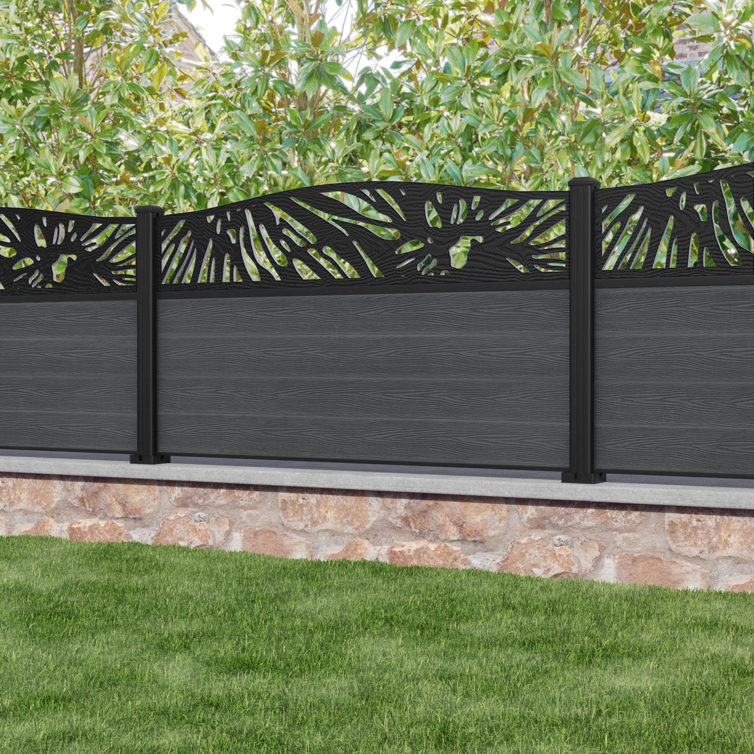 Classic Poppy Curved Top Fence Panel - Dark Grey - with our aluminium posts