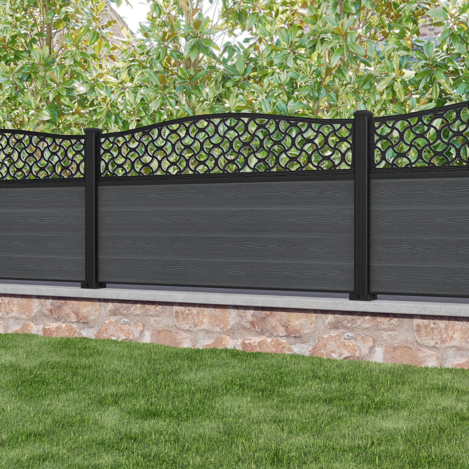 Classic Vida Curved Top Fence Panel - Dark Grey - with our aluminium posts