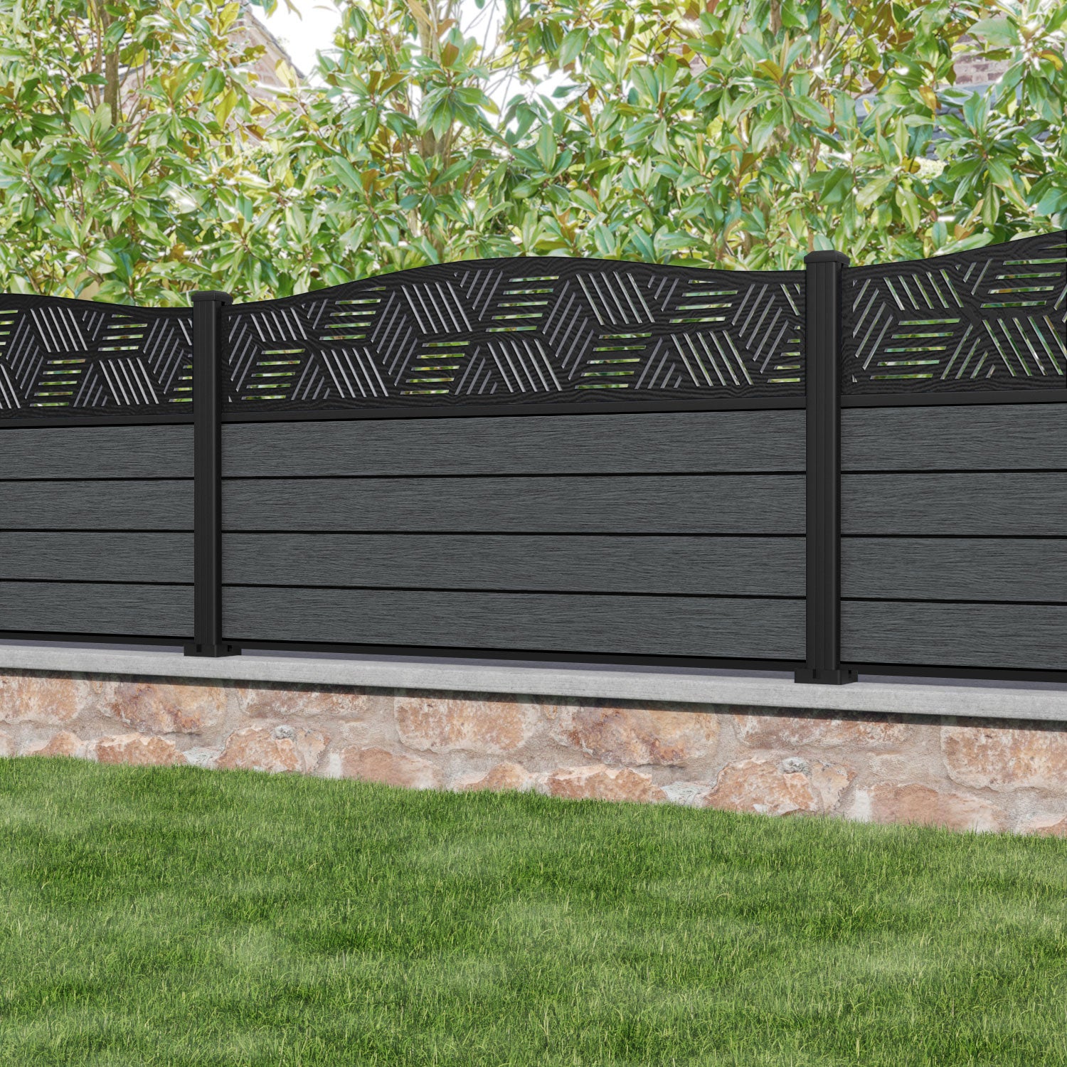 Fusion Cubed Curved Top Fence Panel - Dark Grey - with our aluminium posts