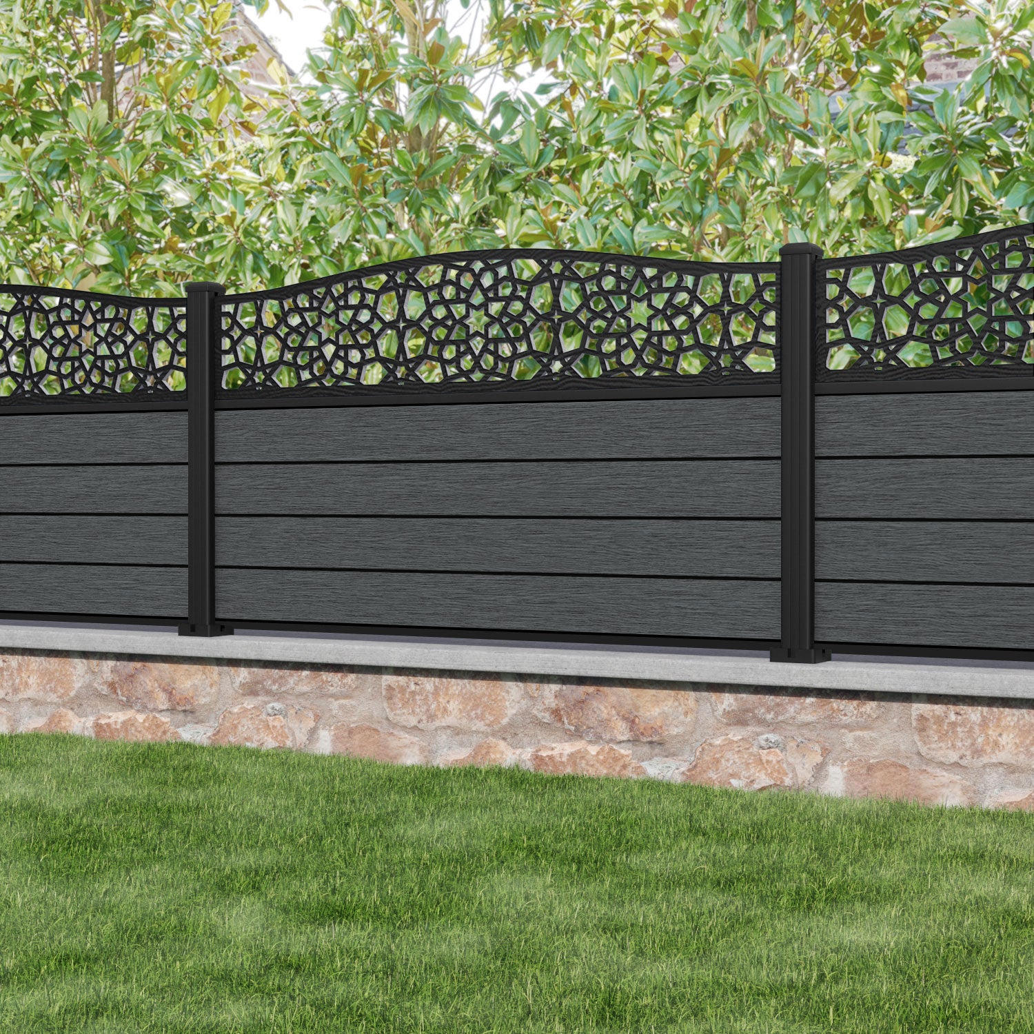 Fusion Nazira Curved Top Fence Panel - Dark Grey - with our aluminium posts