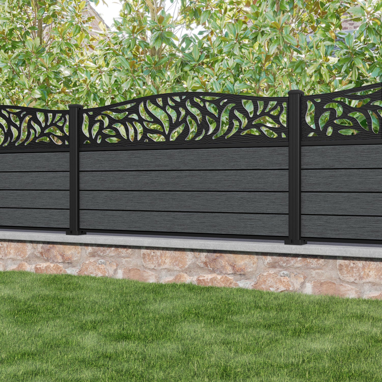 Fusion Plume Curved Top Fence Panel - Dark Grey - with our aluminium posts