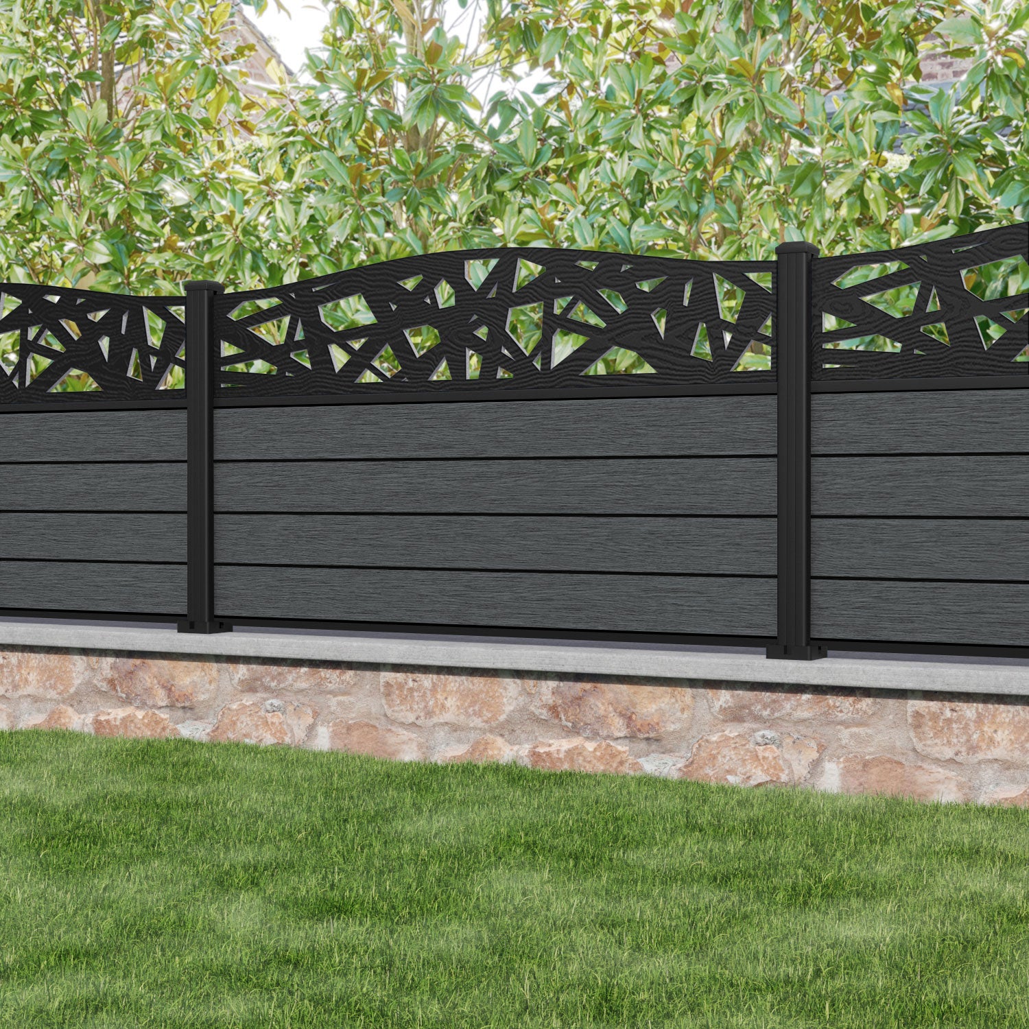 Fusion Prism Curved Top Fence Panel - Dark Grey - with our aluminium posts