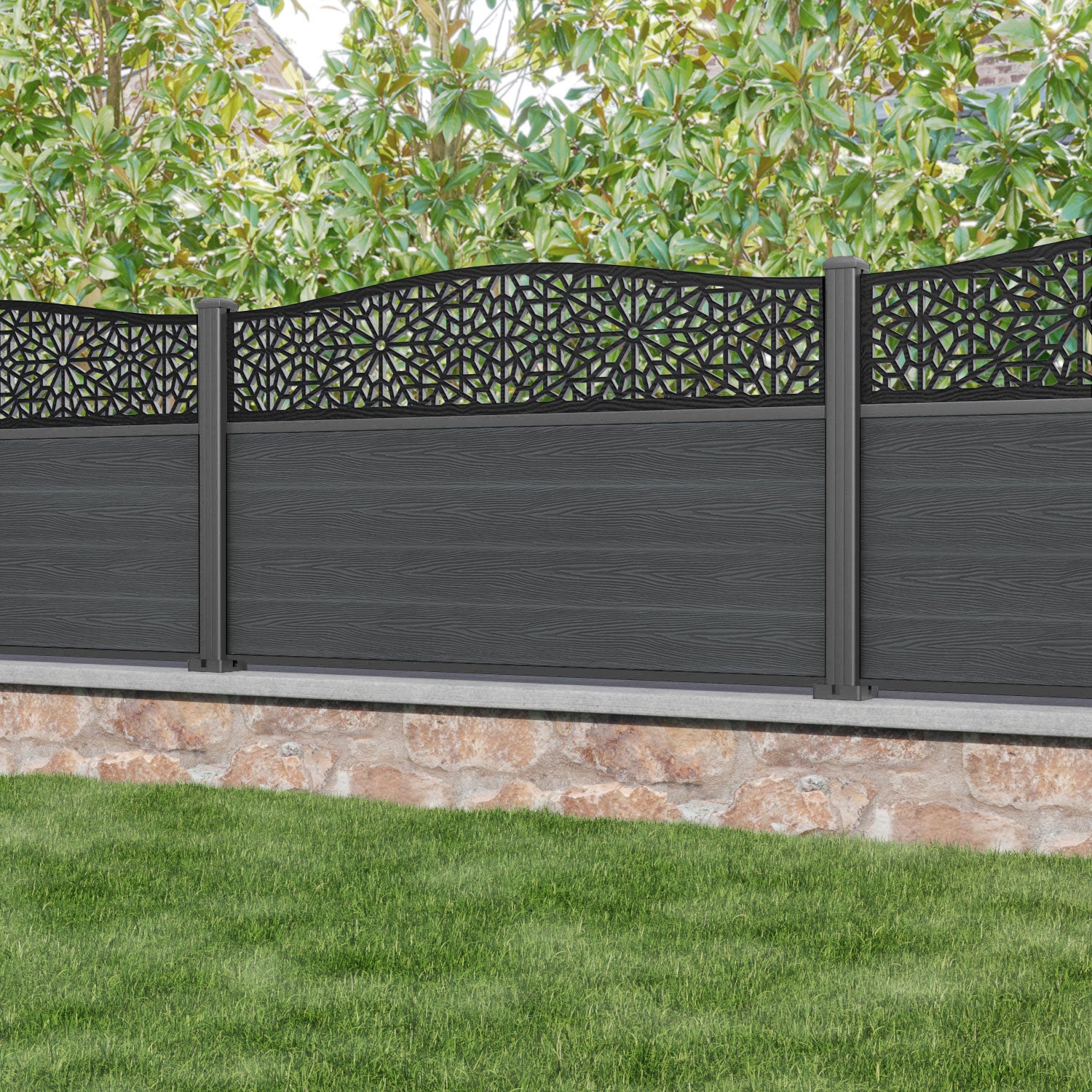 Classic Alnara Curved Top Fence Panel - Dark Grey - with our aluminium posts