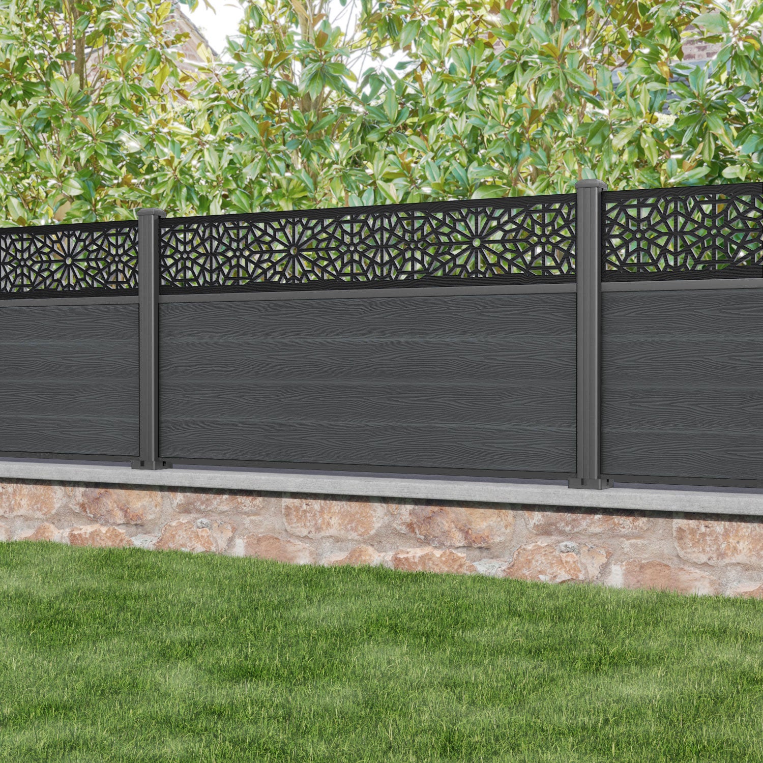 Classic Alnara Fence Panel - Dark Grey - with our aluminium posts