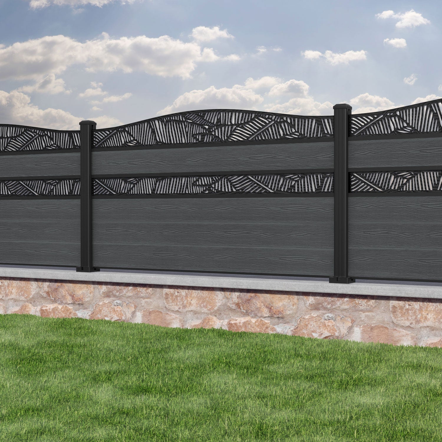 Classic Feather Curved Top Split Screen Fence Panel - Dark Grey - with our aluminium posts