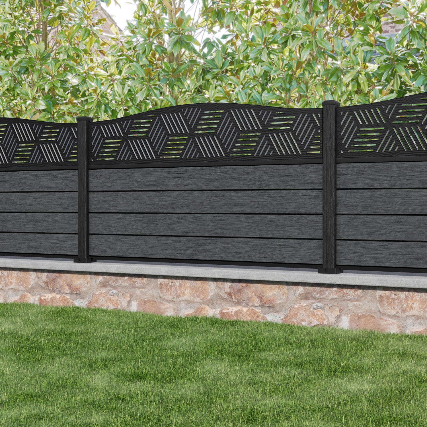 Fusion Cubed Curved Top Fence Panel - Dark Grey - with our composite posts