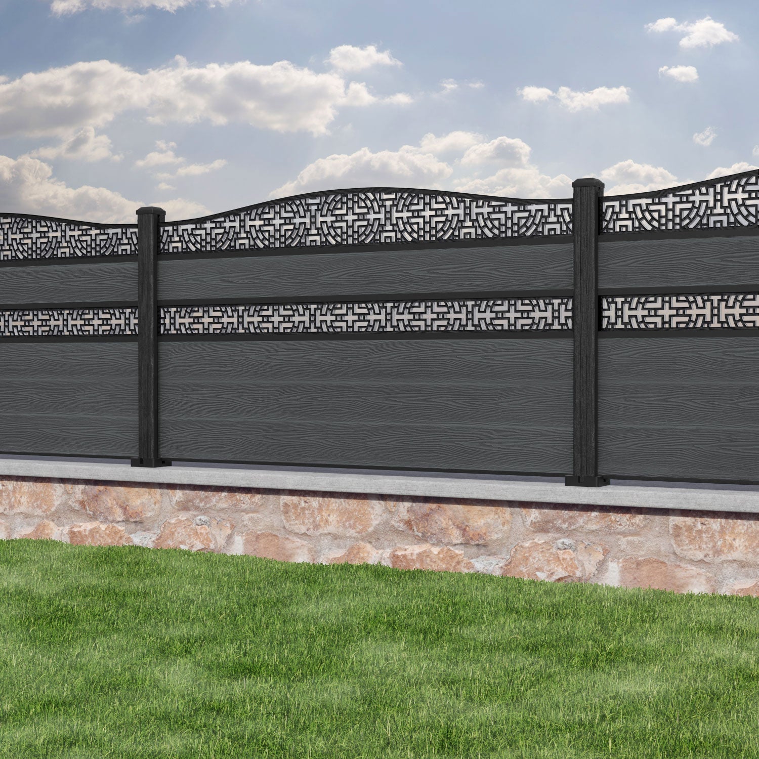 Classic Kumo Curved Top Split Screen Fence Panel - Dark Grey - with our composite posts