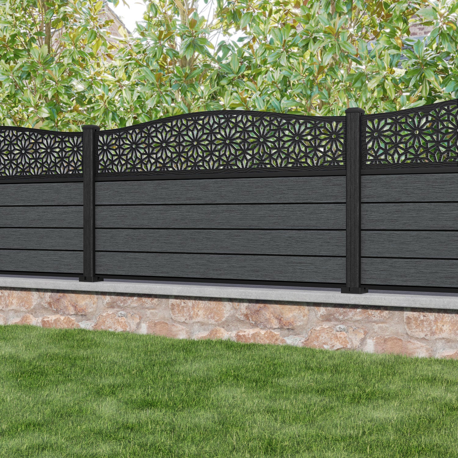 Fusion Narwa Curved Top Fence Panel - Dark Grey - with our composite posts
